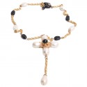 Necklace cross MARGUERITE of VALOIS Couture black and Pearly