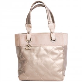 CHANEL "Biarritz" golden bronze coated canvas bag and pink beige