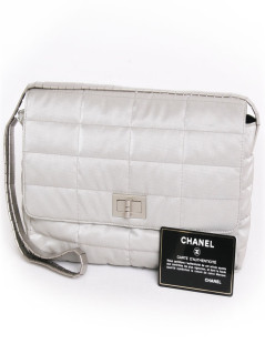 CHANEL shiny gray fabric bag