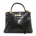 Sac Kelly 28 HERMES en box noir vintage avec bandoulière