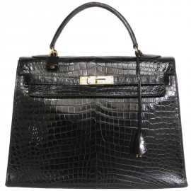 Kelly 32 HERMES leather bag exotic black vintage porosus