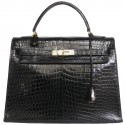 Sac Kelly 32 HERMES en peau exotique porosus noir vintage