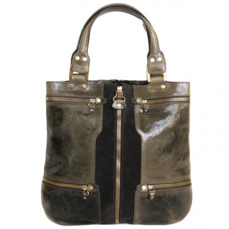 Sac JIMMY CHOO gris foncé et vert kaki en cuir verni et veau velours