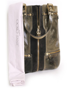 Sac JIMMY CHOO gris foncé  et  vert kaki en cuir verni et veau velours