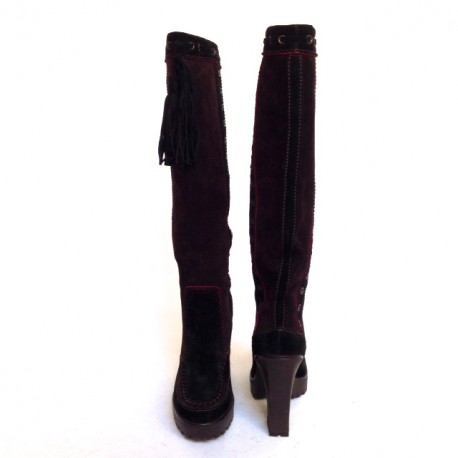 Bottes YVES SAINT LAURENT T. 38 en daim bicolore marron et noir