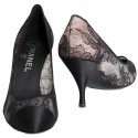 Chanel T shoes 36.5 black silk satin and lace