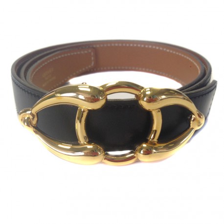 Ceinture HERMES en cuir gold et box noir reversible