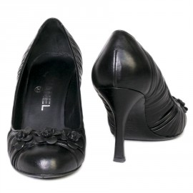 CHANEL shoes 38.5 T black lambskin with camellias