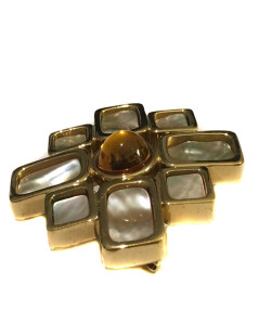 CELINE cross brooch in gilt metal, mother of pearl