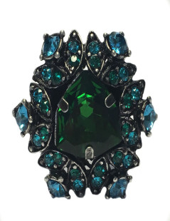 Bague LANVIN T 55 en métal argenté et strass bleu et vert