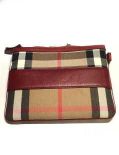 BURBERRY Haymarket Check wallet in canvas and Burgundy leather