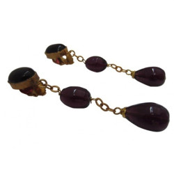 Boucles d'oreille clips pendants MARGUERITE DE VALOIS en pâte de verre violette et métal doré