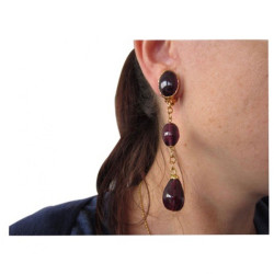 Boucles d'oreille clips pendants MARGUERITE DE VALOIS en pâte de verre violette et métal doré