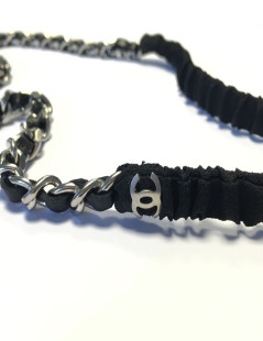 CHANEL black leather and silver chain headband