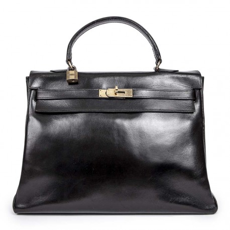 Kelly 35 en cuir box noir Vintage