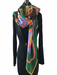 HERMES 'L'instruction du Roy' Shawl in Green, Yellow and Mauve Silk and Cashmere