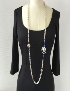 Marguerite of Valois silver chain and blue beads long necklace