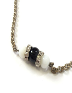 MARGUERITE of VALOIS silver chain necklace with rhinestones and black and white pearls