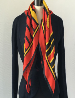 BALENCIAGA red, black and yellow silk scarf