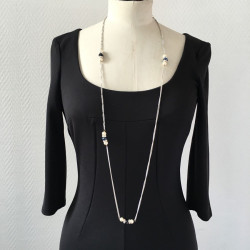 MARGUERITE de VALOIS silver chain, pearly beads, rhinestones and black stones long necklace