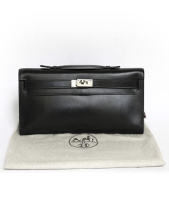 Kelly cut HERMES box black leather pouch