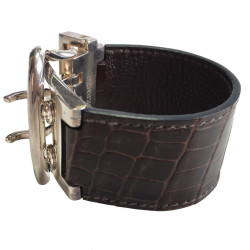 Bracelet HERMES boucle sellier TGM en argent et crocodile marron