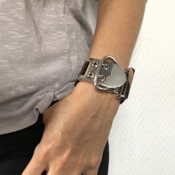 Bracelet HERMES boucle sellier TGM en argent et crocodile marron