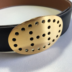 HERMES leather belt smooth black Golden jewelry T65