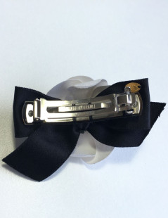 CHANEL white camelia and black ribbon Barrette