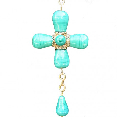 Collier Croix MARGUERITE DE VALOIS pâte de verre vert jade