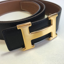 xxx Ceinture HERMES T 85 réversible en cuir box noir et cuir togo gold