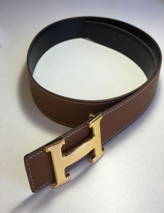 xxx Ceinture HERMES T 85 réversible en cuir box noir et cuir togo gold