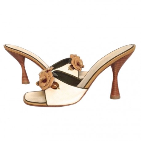 High Sandals CHANEL t 39 ecru linen and wood