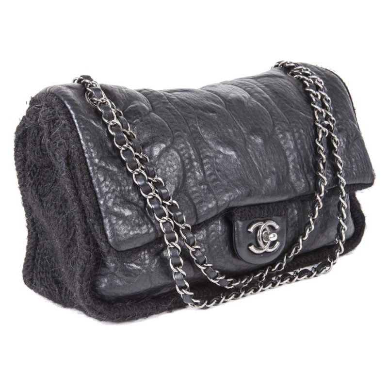 Sac CHANEL en laine et cuir noir