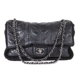 Sac CHANEL en laine et cuir noir