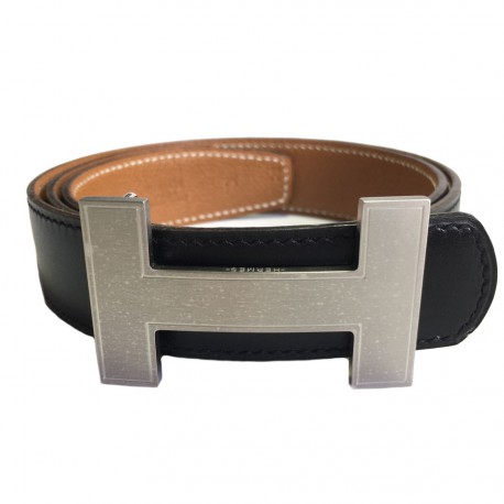 Ceinture HERMES T 75 réversible en cuir box noir et cuir grainé gold