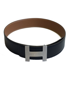 Ceinture H HERMES réversible en cuir box noir et cuir courchevel gold