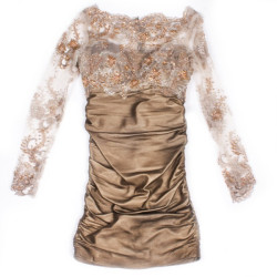 Evening dress bronze leather and embroidered lace