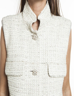 CHANEL T 42 painted tweed sleeveless dress cream