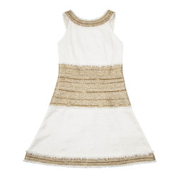 Robe CHANEL T 36 tweed crème broderies chaines dorées