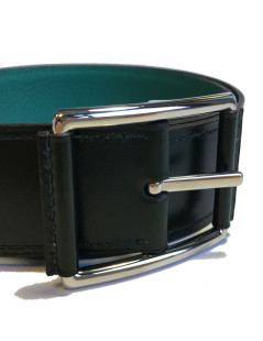 Ceinture HERMES "Hop" en veau box et togo vert foncé et boucle en laiton palladié T90