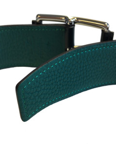 Ceinture HERMES "Hop" en veau box et togo vert foncé et boucle en laiton palladié T90