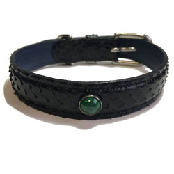 Collier  pour petit chien en python noir, cuir végétal bleu et malachite