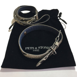 Collier et laisse pour chien PETS & STONES en python naturel et cuir végétal bleu pierre oeil de tigre et turquoise