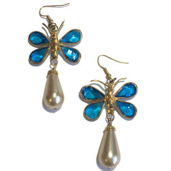 MARGUERITE DE VALOIS blue molten glass, pearly beads and rhinestones butterfly pierced earrings