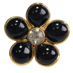 TAILLE Bague MARGUERITE DE VALOIS fleur en pâte de verre noire, strass et métal doré