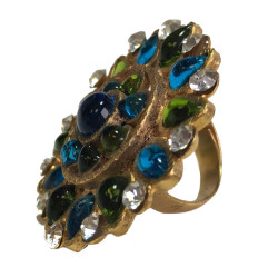 TAILLE Bague MARGUERITE DE VALOIS en pâte de verre vert et bleu, strass et métal doré