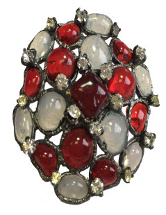 TAILLE Bague MARGUERITE DE VALOIS en pâte de verre blanc transparent et rouge