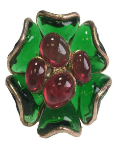 TAILLE Bague MARGUERITE DE VALOIS fleur en pâte de verre vert et rose