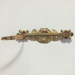 Barrette CHANEL métal doré, pâte de verre mauve et verte, strass et perles nacrées